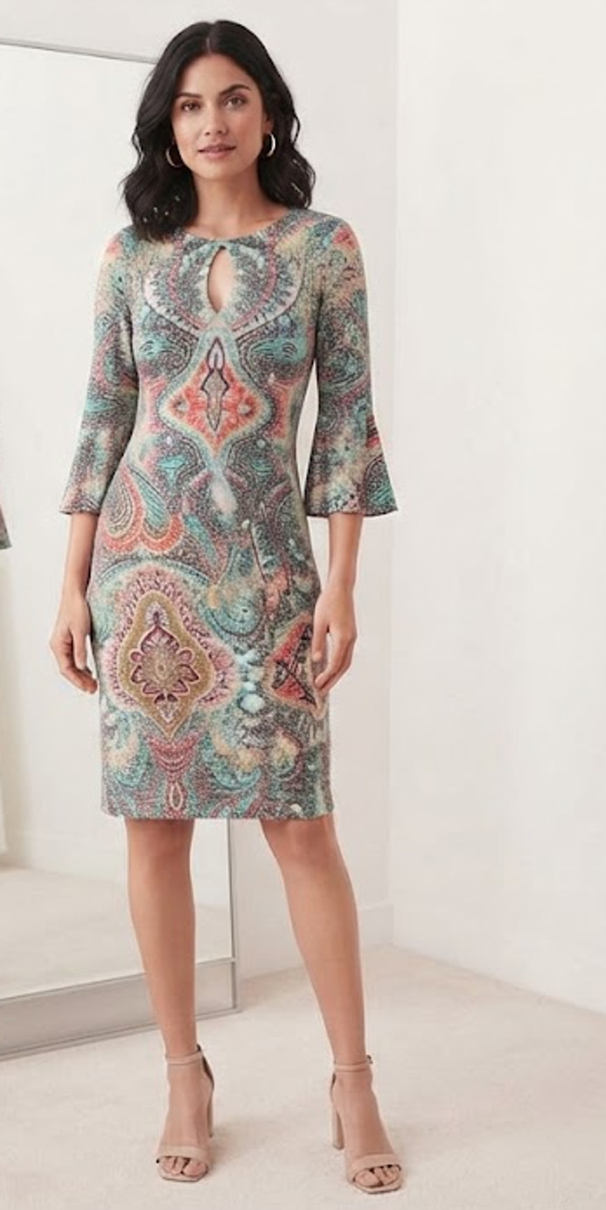 Chico's Slinky Knit Sheath Paisley Dress Size 2 12/14 3/4 Sleeve Keyhole